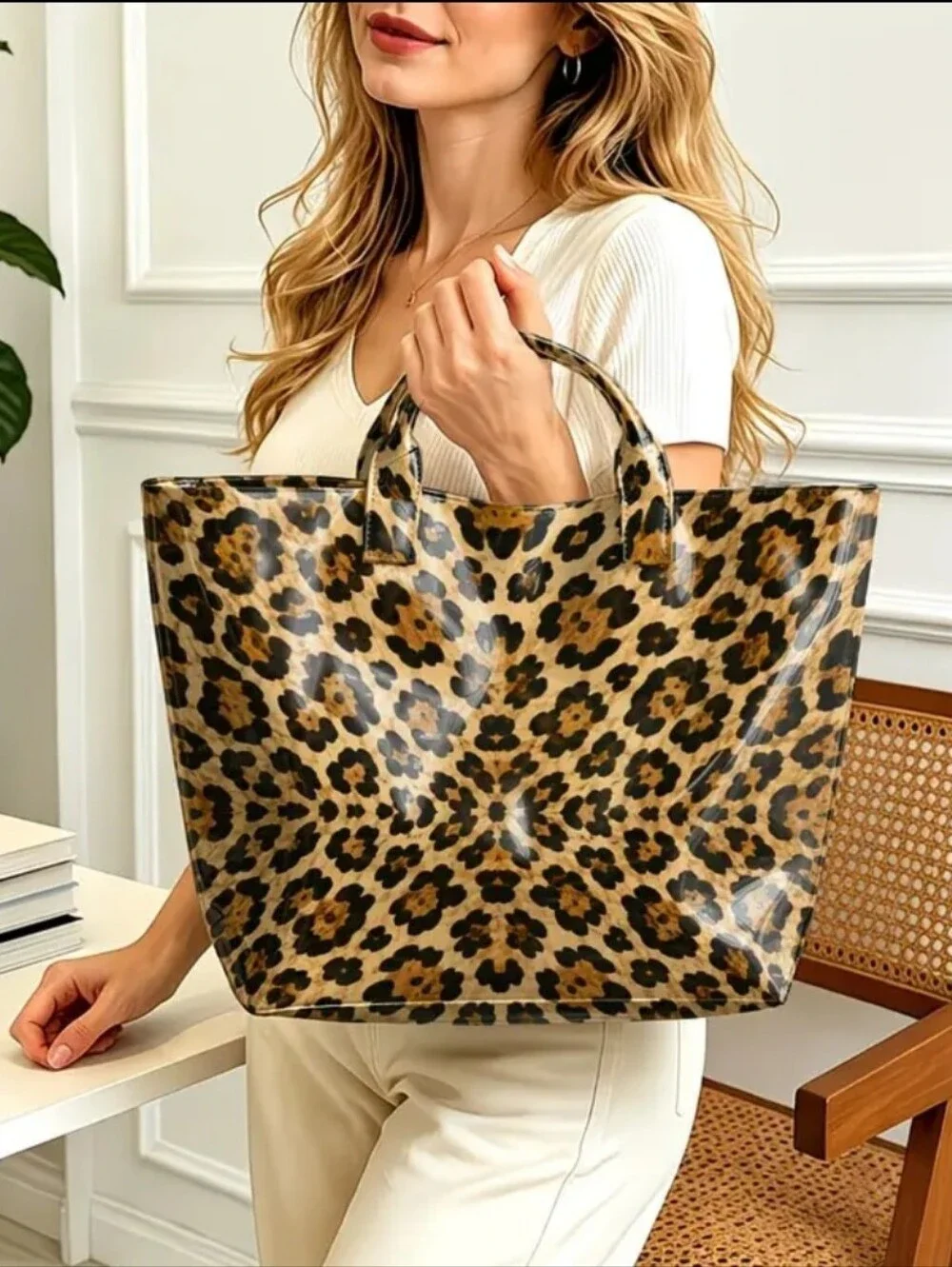 Women Beautiful Daily Commute Brown Tote Bag Lropard PVC Large Print